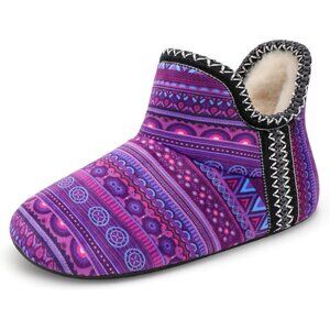 Purple Bohemian Women's Warm Bootie Slippers - Cozy, Non-Slip Winter House Shoes